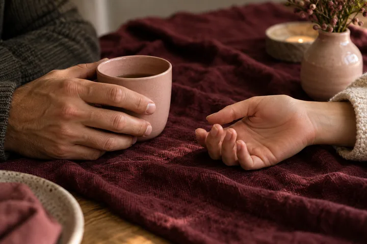 Two people sit across a burgundy throw with one hand holding a mug and the other hand open, suggesting a calm conversation about emotional needs.