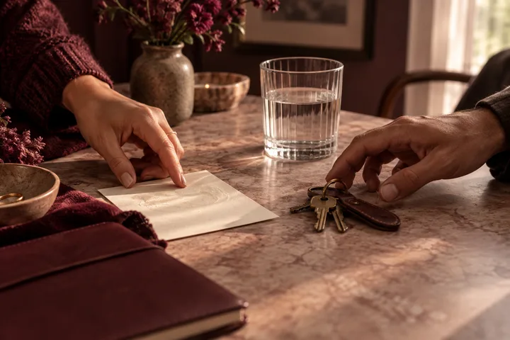 Two hands meet across a table beside an unreadable note, water glass, and keys, evoking a concrete agreement about access and boundaries.