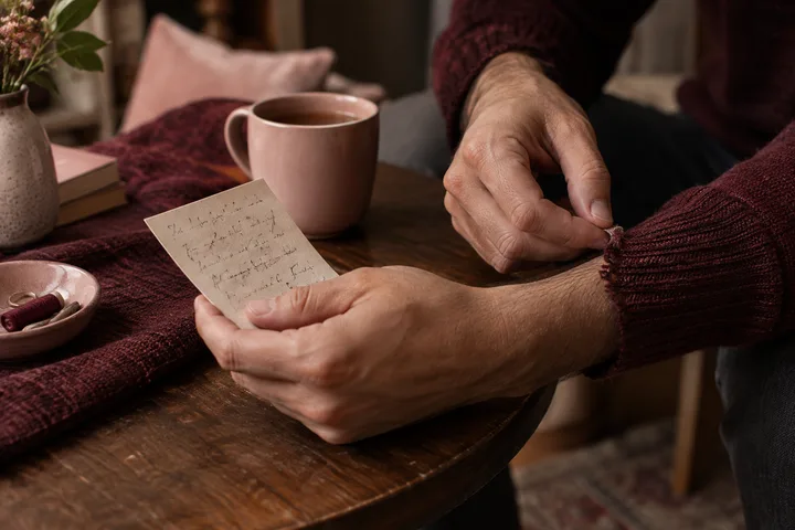 A man in a burgundy sweater reads a handwritten note at a table, with a pink mug and sewing thread nearby, suggesting reflection after a difficult conversation.