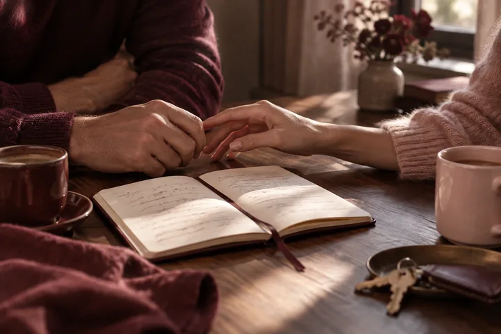 Two partners reach toward each other across an open notebook with coffee cups and keys nearby, suggesting a shared relationship practice and a clear next step.