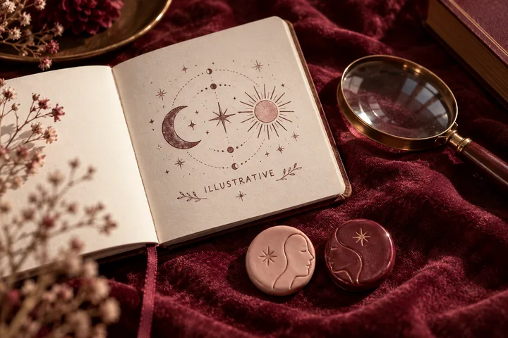 An open notebook shows a sun, crescent moon, stars, and the word ‘ILLUSTRATIVE’; a magnifying glass and two round moon-and-star ornaments rest on burgundy fabric.