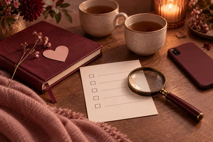 A blank checklist lies beside a burgundy notebook topped with a paper heart, two cups of tea, and a magnifying glass on a wooden table.