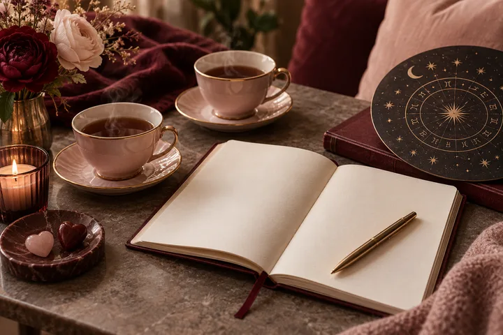 An open blank journal and gold pen sit beside two teacups, a candle, flowers, heart-shaped stones, and a round zodiac-style chart on a burgundy-covered table.