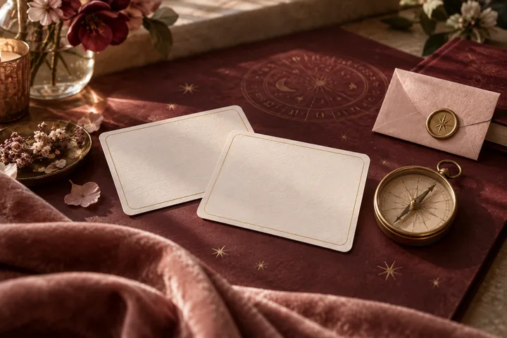 Two blank cream cards, a brass compass and a sealed envelope rest on burgundy fabric beneath a circular star chart, with flowers and a candle nearby.