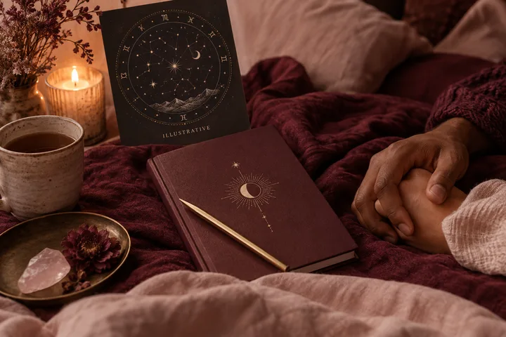A burgundy book with a gold sun-and-moon design and pencil lies on a plush blanket beside an illustrative star chart, a lit candle, a teacup, flowers and a person's clasped hands.