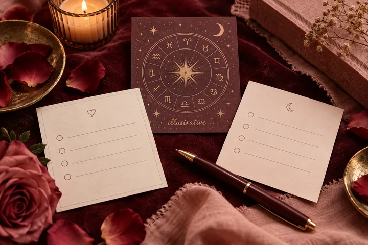 A gold zodiac wheel marked ‘illustrative’ sits between two blank checklist cards, with a pen, candle, and rose petals on burgundy fabric.
