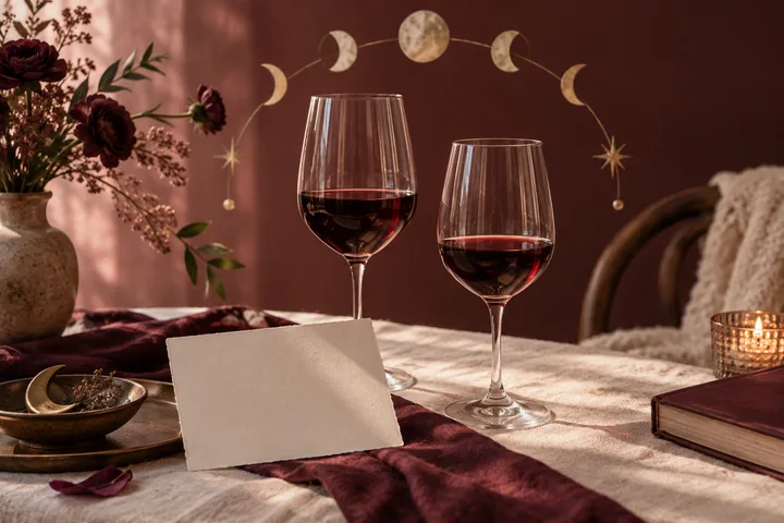 Two glasses of red wine stand behind a blank card on a burgundy-draped table, with flowers, a crescent-shaped dish, moon phase wall art, a candle, and a book nearby.