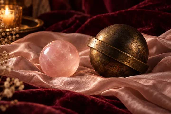 A pink crystal sphere and a dark bronze ringed sphere rest on draped blush and burgundy fabric beside a candle.