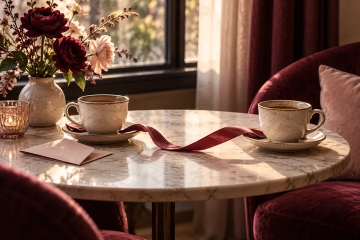 Two cups sit across a marble table, linked by a burgundy ribbon, with flowers by the window.