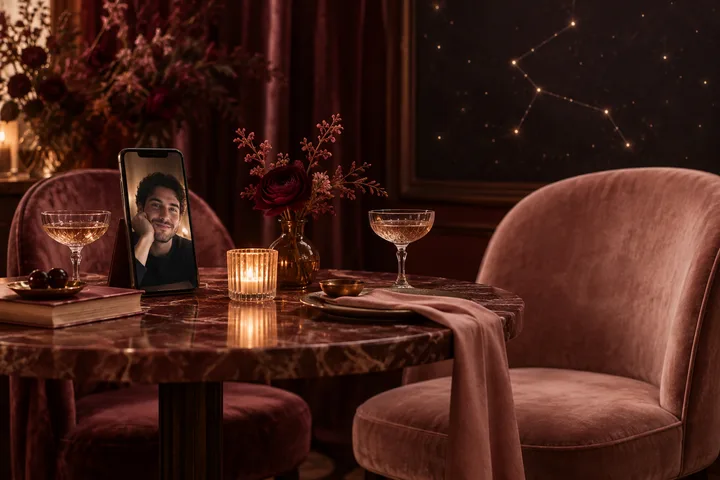 A man appears on a phone screen across a candlelit table set with two glasses, flowers, and an empty blush chair; a constellation pattern hangs in the background.