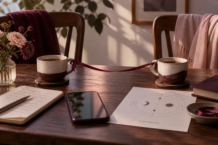 Burgundy and blush coffee cups sit across a wooden table with a quiet phone and an illustrative synastry chart, connected by a loose ribbon that suggests warmth in person and distance between dates.