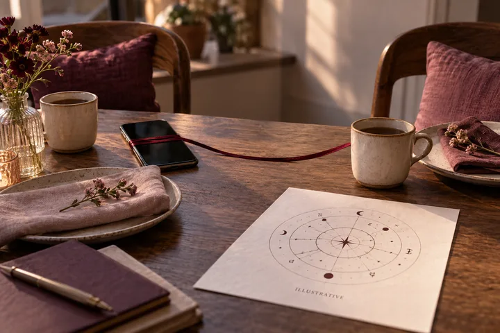 A phone wrapped with a burgundy ribbon rests between two warm coffee settings beside an illustrative synastry chart, evoking a clear communication bridge and a workable boundary.