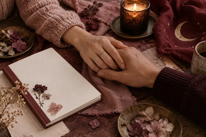 Two hands rest together beside a blank notebook decorated with dried flowers, a lit candle, and burgundy fabric with a crescent moon pattern.