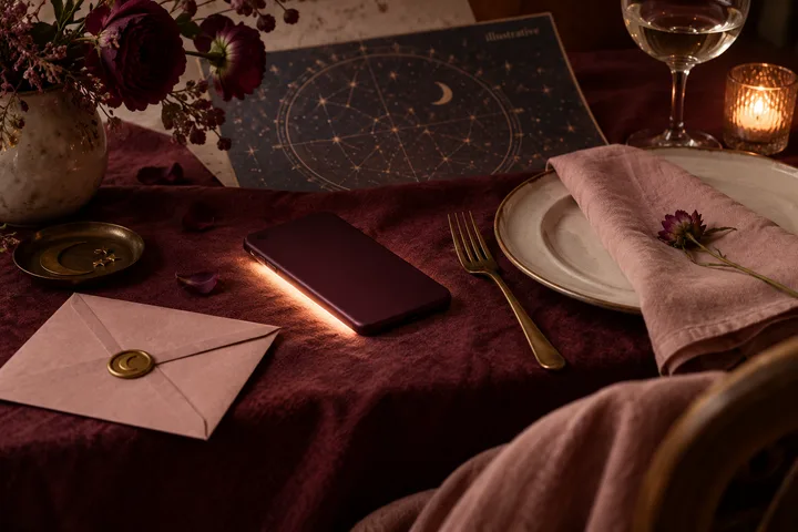 A phone and sealed envelope rest on a burgundy table beside a plate, flowers, candle, and circular star chart.