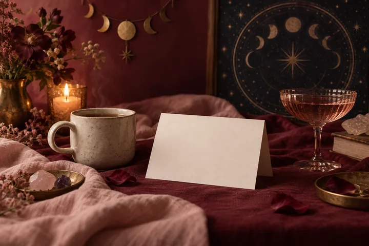 A burgundy still life with flowers, a lit candle, a ceramic cup, a blank card, a glass coupe, crystals, and moon-phase artwork.