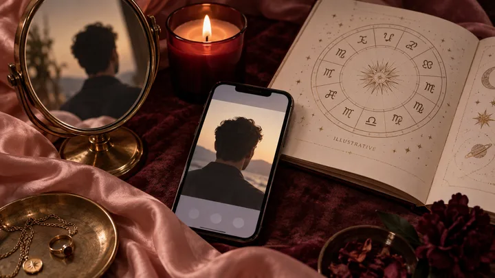 A phone and a round mirror show the back of a person, beside a lit red candle and an open book with a zodiac wheel marked ILLUSTRATIVE.