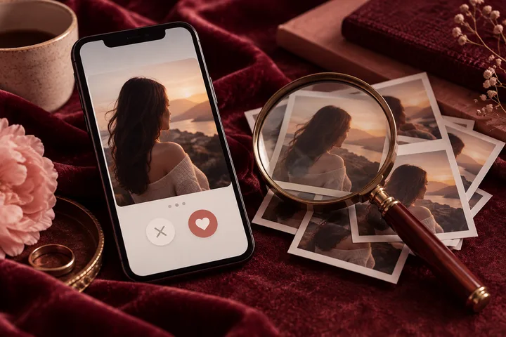 A phone displays a person viewed from behind with X and heart buttons, beside repeated prints of a sunset portrait under a magnifying glass.