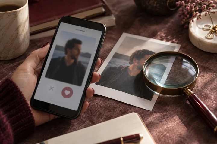A hand holds a phone showing a blurred portrait, while a printed portrait and a magnifying glass rest on a table nearby.