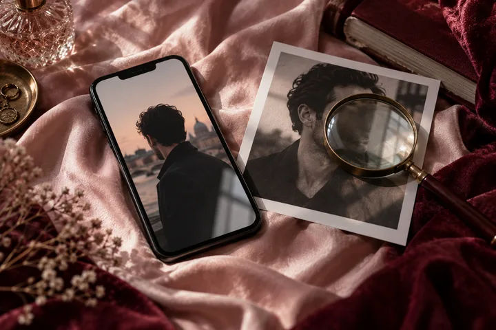 A phone shows a person from behind beside a black-and-white portrait partly covered by a magnifying glass.