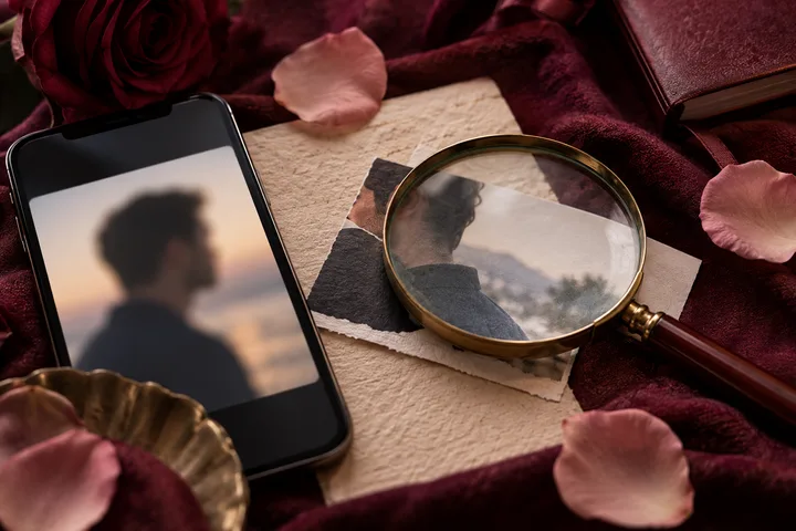 A phone shows a blurred side-profile silhouette beside a printed image viewed through a magnifying glass, with roses and scattered petals nearby.
