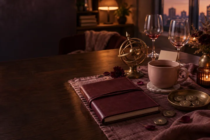 Burgundy relationship journal, brass astrolabe, wine glasses, and symbolic planetary tokens arranged on an intimate table at dusk.