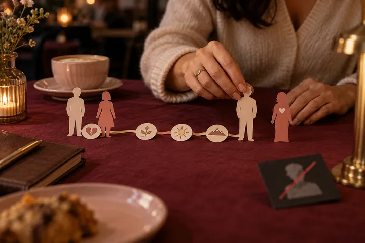 Hands arranging abstract relationship figures and timeline tokens on a burgundy café table, with one isolated label card apart.