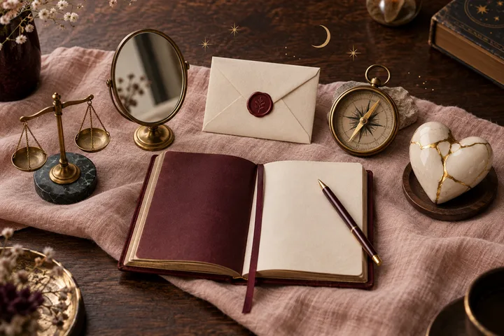 Five symbolic objects—a scale, mirror, sealed envelope, compass, and repaired ceramic heart—arranged around an open burgundy notebook.