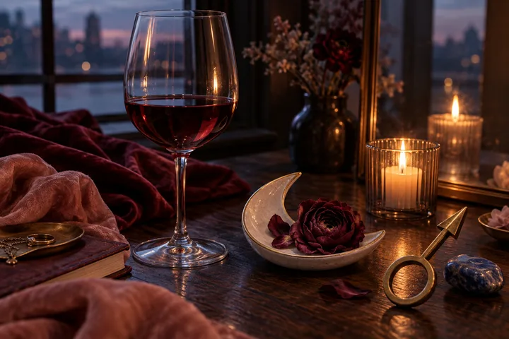 Reflective wine glass, moon-shaped dish with a dark red flower, candlelight, and symbolic brass Mars ornament at blue hour.