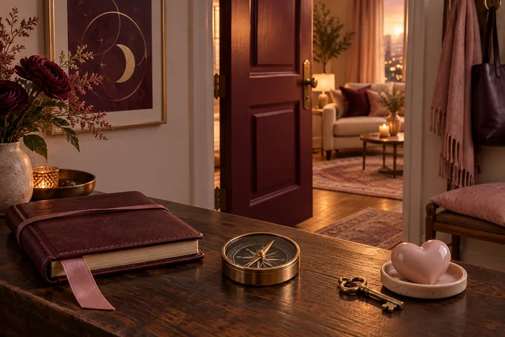 A burgundy door stands open toward a warmly lit room, with a compass, key, journal, and blush ceramic heart in the foreground.