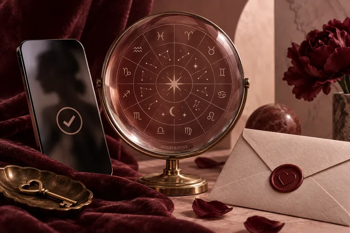 Illustrative still life with a phone showing a verification check, a zodiac chart marked illustrative, an envelope, and a key