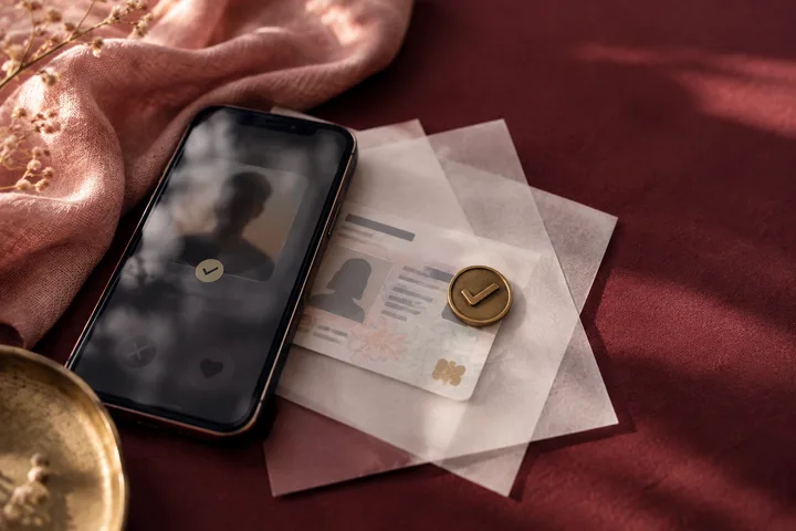 Illustrative close-up of a phone with a verification check beside blurred profile and identity-card images