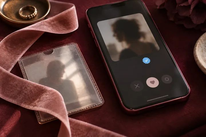 Illustrative dating-app phone with a blue verification check beside a translucent identity card
