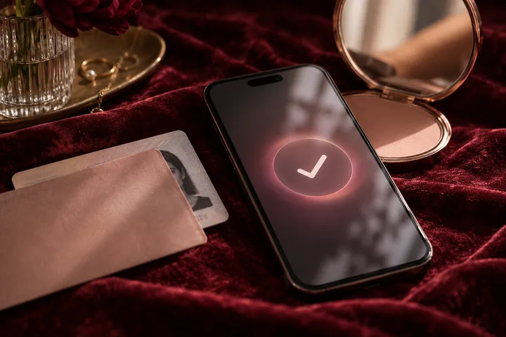 Illustrative phone with a verification check beside an identity card and a partially covered envelope