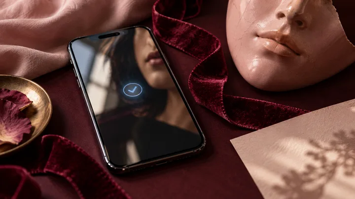 Illustrative phone with a verification check beside a blurred profile image, sculpted face, and ribbon
