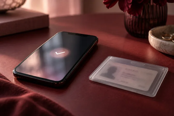 Illustrative phone with a verification check beside a blurred identity card on a burgundy table