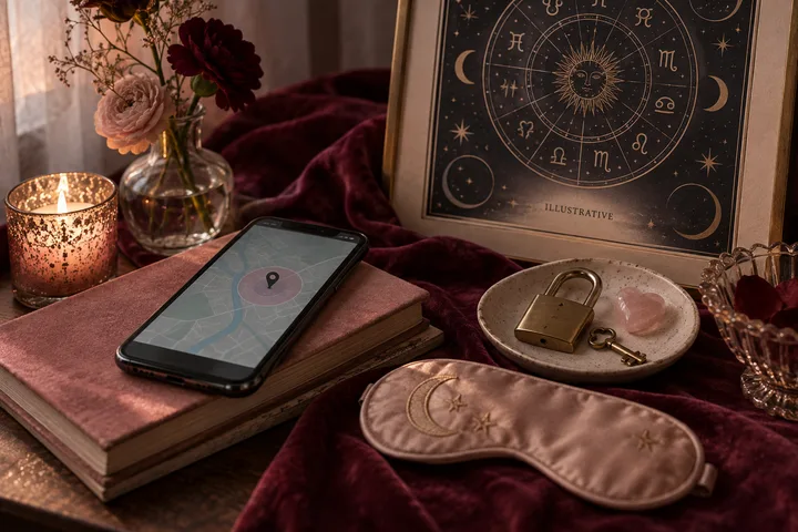 Burgundy still life of a phone, a key, and an open astrological chart, suggesting the choice between intimacy and privacy.