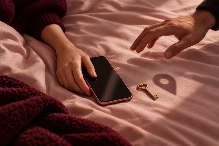A hand reaches toward a phone held by another hand across a warm burgundy tabletop, illustrating a negotiation over privacy early in dating.