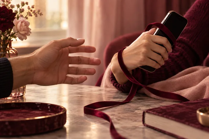 A hand holds a phone wrapped with a burgundy ribbon across from another reaching hand, illustrating a request for access.