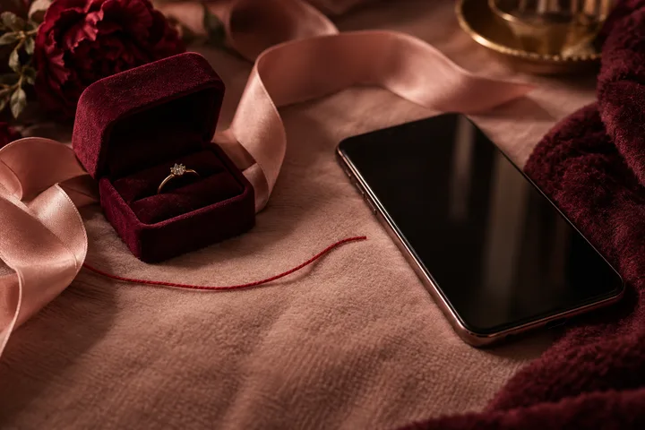A locked phone sits beside an open ring box and burgundy ribbon, illustrating the difference between commitment and access.