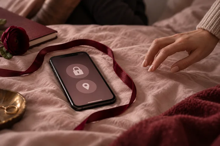 A phone displays lock and location symbols beside a burgundy ribbon, rose, and notebook, suggesting a final privacy decision.