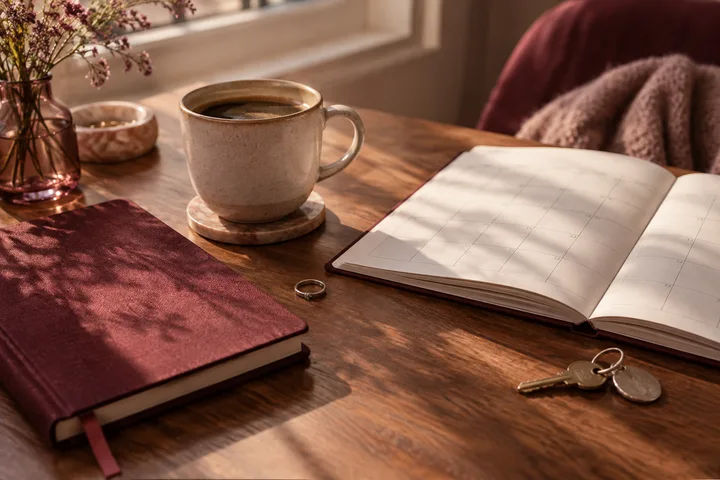 Burgundy notebook, coffee cup, silver ring, keys, and an open blank calendar on a sunlit wooden table
