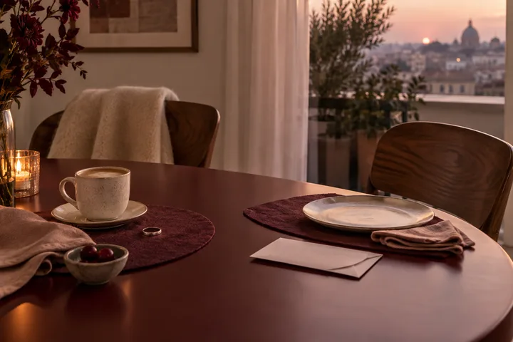 An intimate dinner table with one place set, an empty chair, coffee, and an unopened envelope