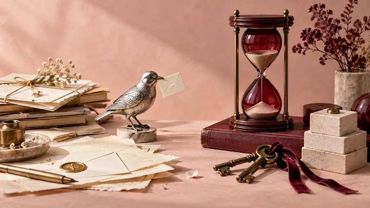 A silver messenger bird with an envelope beside a burgundy hourglass, keys, and stacked calendar blocks