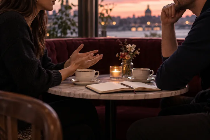 Two adults having a calm conversation over coffee with an open notebook between them