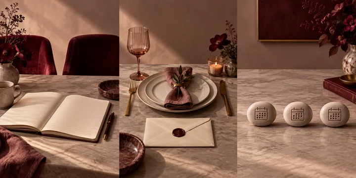 A three-stage tabletop sequence showing conversation, practical repair, and three repeated calendar markers