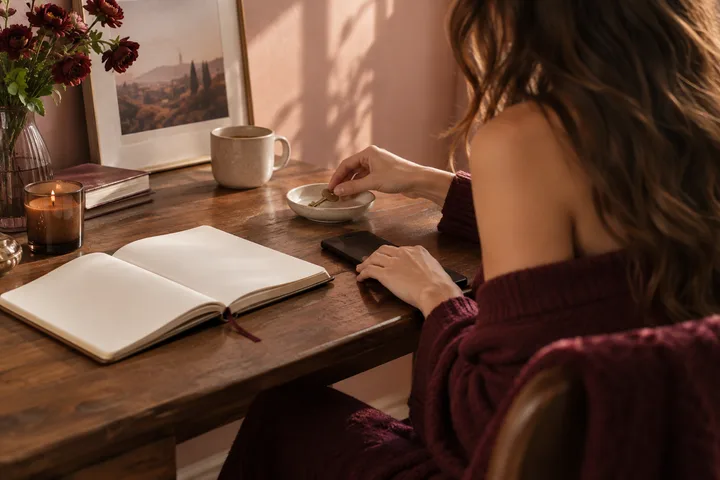 A woman calmly placing a key in a ceramic dish beside a closed phone and open blank journal