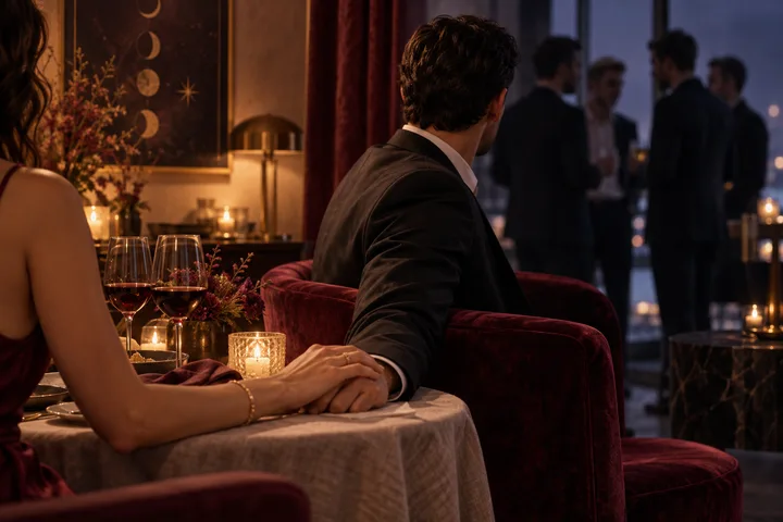 Editorial relationship scene contrasting a warmly lit private dinner with a man turned toward a cooler group of male friends