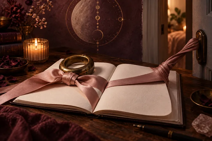 Antique brass ring and blush ribbon on a blank journal, tied securely on one side and pulled tightly toward an open doorway