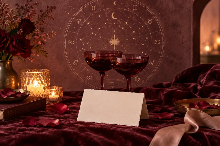 Two dark red coupe glasses sit before a gold zodiac wheel, with roses, candles, scattered petals, and a blank card on burgundy fabric.
