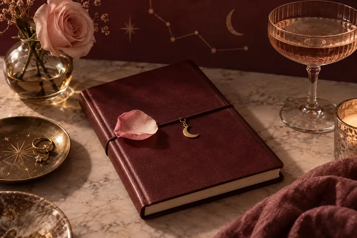 A burgundy journal with a rose petal and crescent charm rests on a marble table beside a vase with a pink rose, a coupe glass, a candle, and a gold dish; stars and a crescent appear on the dark backdrop.